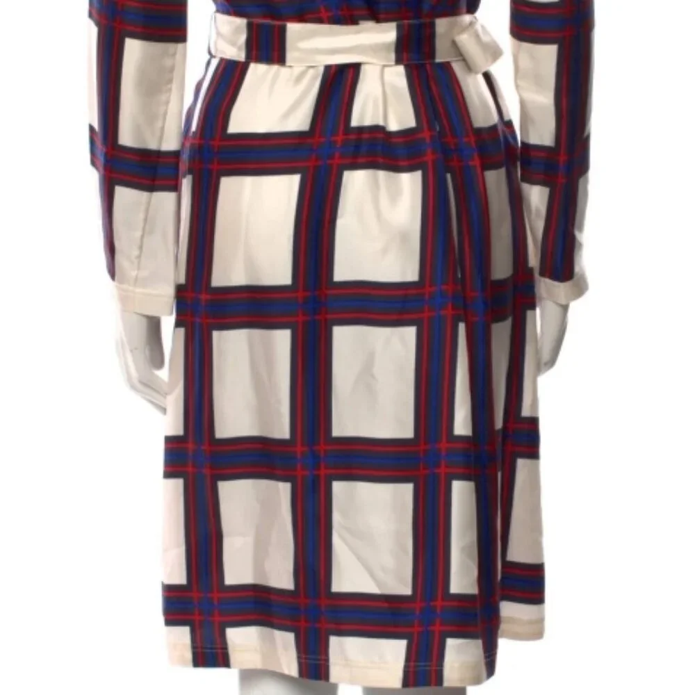 NWOT Tory Burch Silk Plaid Windowpane Ivory Long Sleeve Midi Dress XS $490